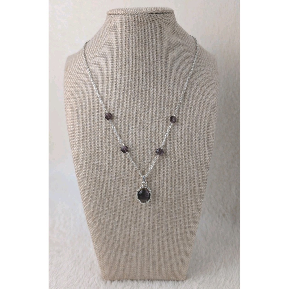 Silver Tone Purple Bead Pendant Necklace Elegant Minimalist Fashion Jewelry Gift